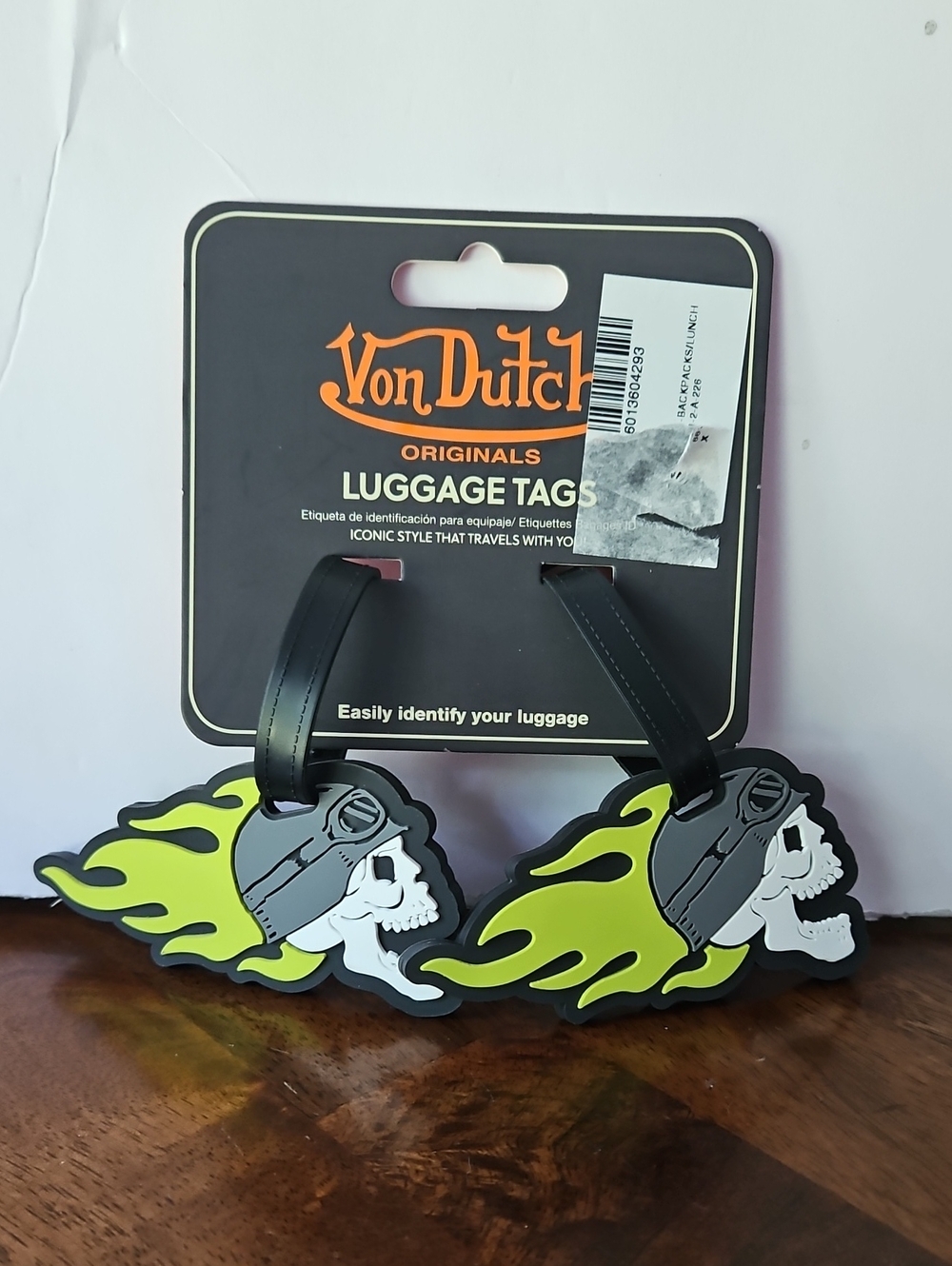 Von Dutch Neon Green Flame Skull Luggage Tags with Black Straps